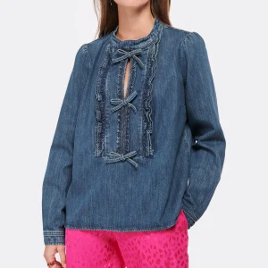 Le moins cher 😀 SELF PORTRAIT Blouse Volants Denim Bleu ⌛ a Prix Discount 11