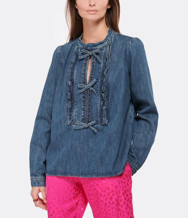 Le moins cher 😀 SELF PORTRAIT Blouse Volants Denim Bleu ⌛ a Prix Discount 4